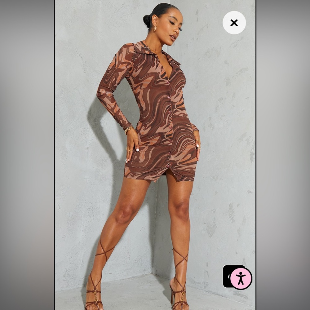 Brown marble print mesh button down shirt dress size 4(UK size)